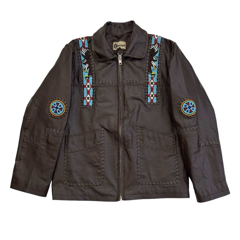 VTG Classyak Western Tribal Native American Brown Leather Jacket - Men's Large